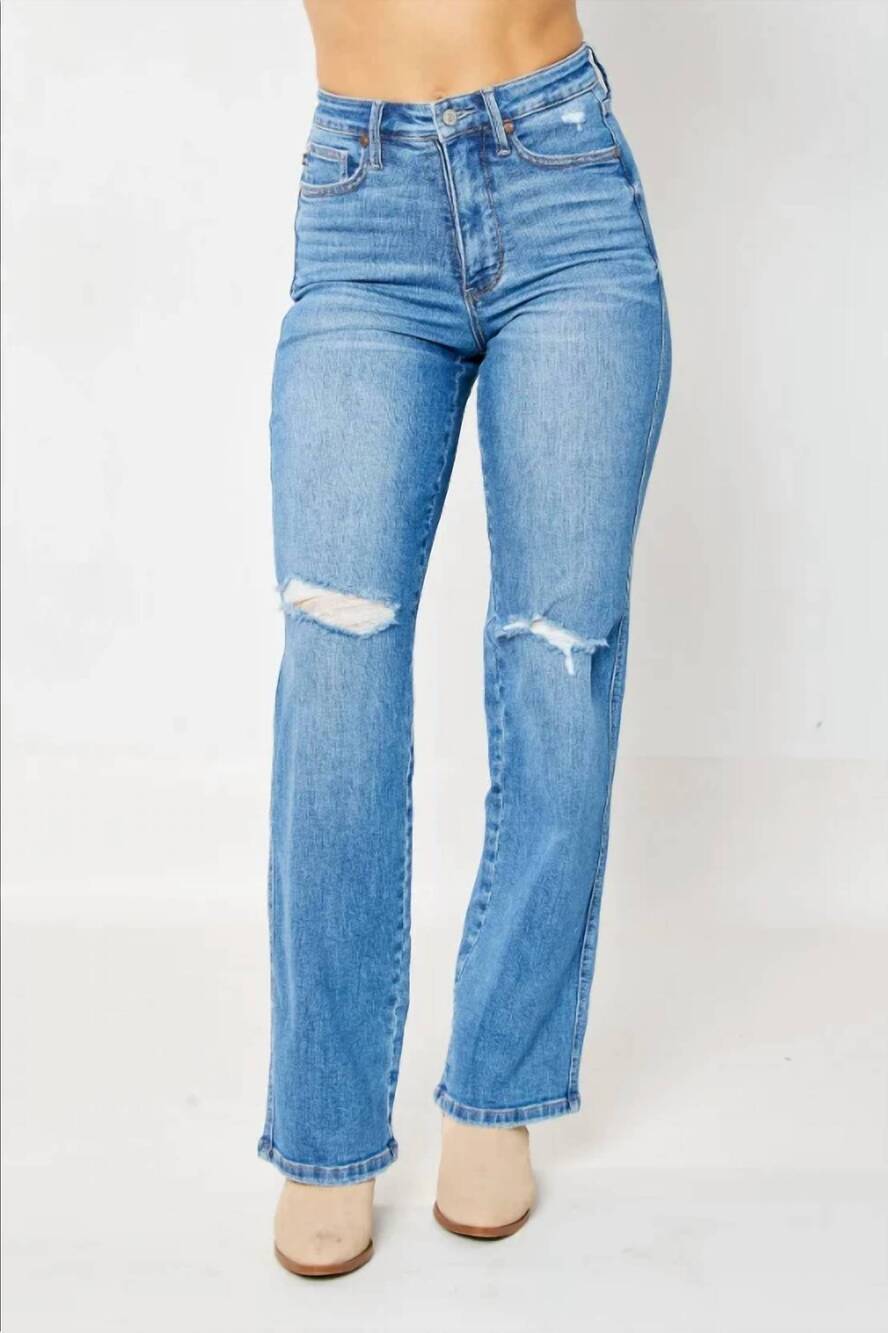 NEW JUDY BLUE women's leo tummy control destroy knee straight denim jeans in med